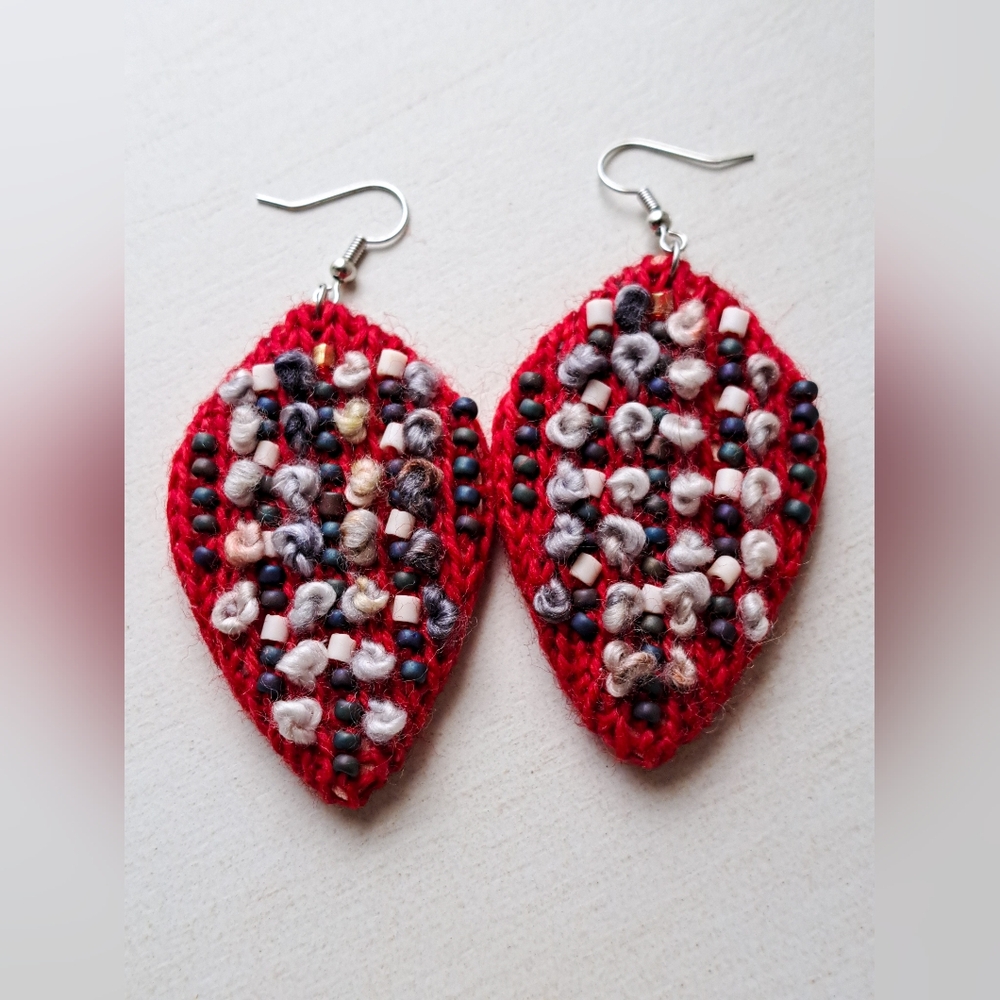 Handknitted Red Beaded Earrings